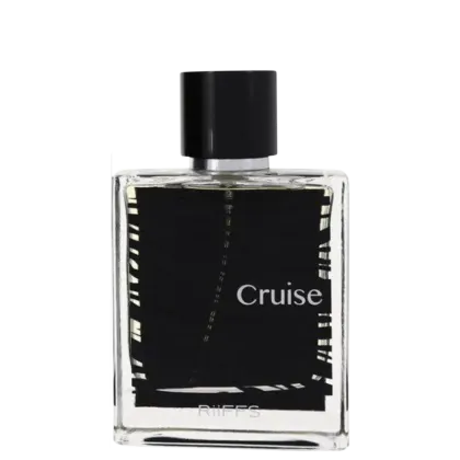 Perfume em frasco retangular transparente com rótulo preto. Embalagem com o nome "Cruise" impresso em letras brancas. Frasco com tampa preta fosca. Produto da marca Riiffs.