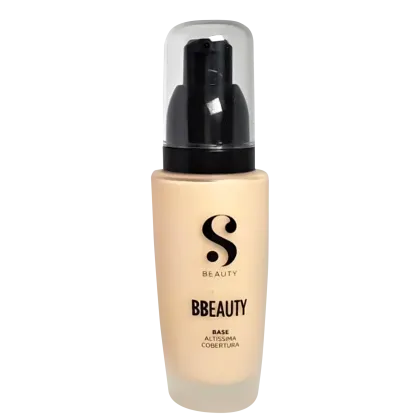 Frasco de base líquida da linha Bbeauty da marca Suelen Beauty, com embalagem plástica transparente e rótulo preto e bege. O produto é apresentado em tom de pele claro.