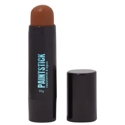 Barra de maquiagem em embalagem preta com rótulo azul "Paint Stick" da marca Catharine Hill, contendo 10g do produto. A barra é de cor marrom e possui formato cilíndrico.