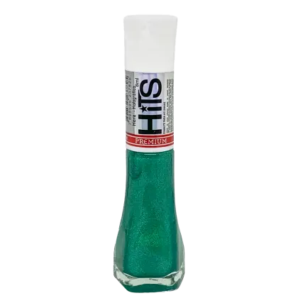 Esmalte premium de unha em frasco transparente com tampa branca. O esmalte tem uma cor verde brilhante com partículas cintilantes. O rótulo na embalagem exibe o nome da marca "Hits" em letras pretas e brancas, além da palavra "Premium" em vermelho.