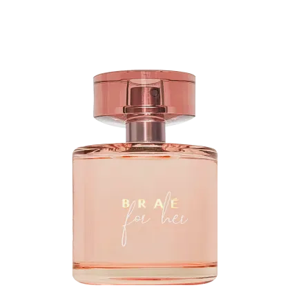 Frasco de perfume Braé for her, com design elegante em tons de rosa e dourado, com rótulo destacando o nome da fragrância em letras cursivas.