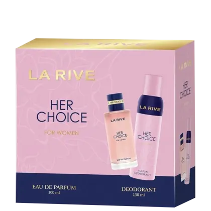 A imagem mostra o conjunto de perfumaria feminina da marca La Rive. A caixa é rosa e azul com o nome Her Choice e os respectivos produtos: um frasco de eau de parfum de 100ml e um desodorante de 150ml, ambos na cor rosa claro com detalhes em azul marinho.