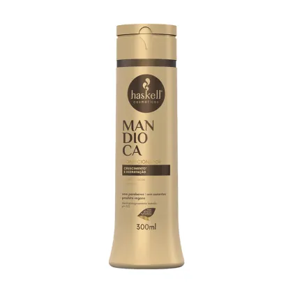 A imagem mostra o frasco de 300ml do condicionador da linha Mandioca da marca Haskell.