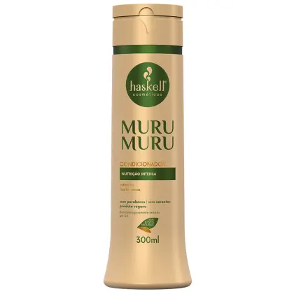 Condicionador Haskell, chamado "MuruMuru". A embalagem é um frasco cilíndrico de cor bege com detalhes em verde, contendo 300ml do produto.