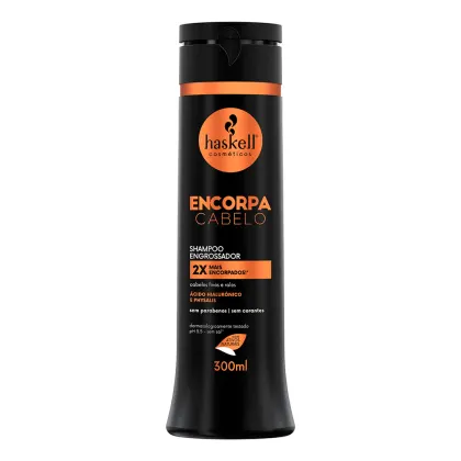 Shampoo Haskell Encorpa Cabelo. O frasco possui um design cilíndrico e uma tampa preta. O tamanho do produto é de 300ml.