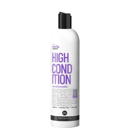 Condicionador High Condition da marca Curly Care. Embalagem plástica branca cilíndrica com tampa preta. Rótulo frontal com o nome do produto em letras grandes na cor roxa e a descrição "condicionador" abaixo.