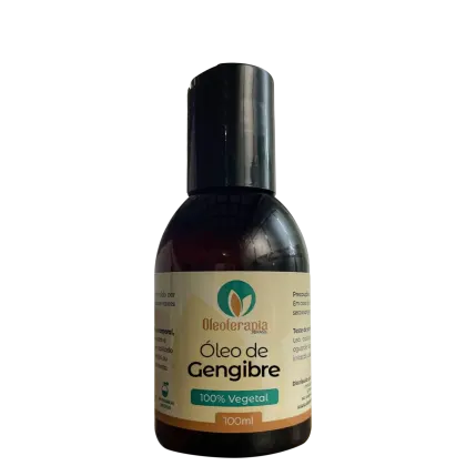 O produto apresentado é um óleo de gengibre da marca Oleoterapia Brasil, "100% Vegetal" e o volume de 100ml.