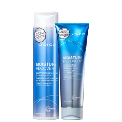 Shampoo e condicionador da linha Moisture Recovery da marca Joico. Ambos os produtos têm embalagem na cor azul com detalhes em branco e prateado.