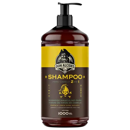 Frasco de shampoo masculino Don Alcides de 1000 ml, com embalagem em cores amarela e marrom, contendo rótulo com logotipo e informações sobre o produto.
