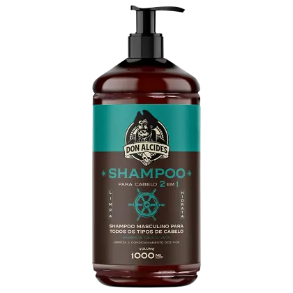 Frasco de shampoo masculino da marca Don Alcides, com 1000 ml de volume. O rótulo apresenta uma ilustração de um pirata e informações sobre o produto, com destaque para a indicação "Shampoo para cabelo 2 em 1".