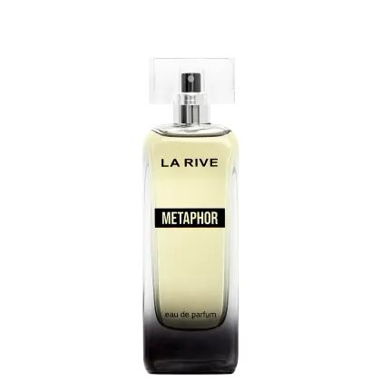 A imagem mostra um frasco de perfume da marca La Rive. O nome do perfume é "Metaphor" e está escrito em letras grandes. O frasco é transparente, o líquido dentro da garrafa tem uma cor amarelo claro. O design da garrafa é minimalista e elegante.