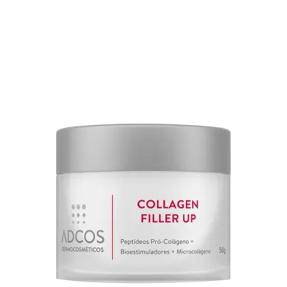 Produto de tratamento facial Collagen Filler Up da marca Adcos com 50g. Embalagem plástica branca opaca com tampa cinza. Rótulo com o nome do produto em letras vermelhas, cita que contém peptídeos pró-colágeno, bioestimuladores e microcolágeno.