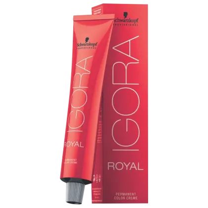 Coloração de cabelo da marca Schwarzkopf Professional, na cor vermelho, com o nome "Igora Royal" impresso em preto. O produto é descrito como uma tintura de cabelo permanente.