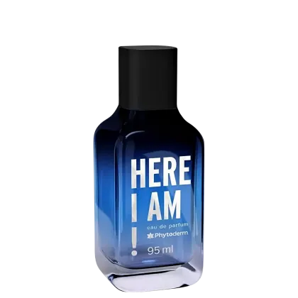Frasco de perfume azul com letras brancas.
