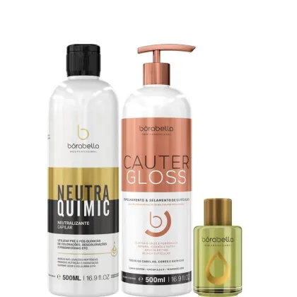 Kit com neutralizante capilar NeutraQuimic, reconstrutor capilar Cauter Gloss e reparador de pontas Argan, da marca Borabella.