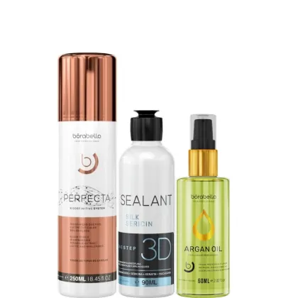 Kit com escova progressiva Perfecta, escova semidefinitiva Selagem 3D, além de reparador de pontas, da marca Borabella.