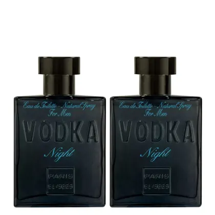 Dois frascos de perfume para homens da marca Paris Elysees. Os frascos são retangulares e de vidro escuro com tampas pretas. A embalagem apresenta o nome "VODKA Night" em letras grandes e estilizadas, com a descrição "Eau de Toilette".