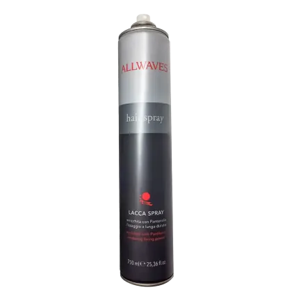 Frasco de spray para cabelo da marca Allwaves, com rótulo em branco e cinza, contendo a indicação "Lacca Spray" e informações sobre o produto.