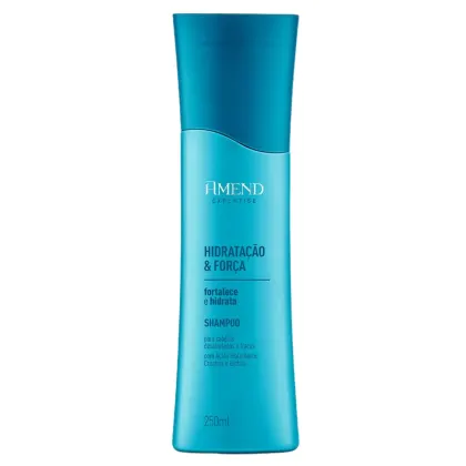 A imagem mostra um frasco plástico azul turquesa do shampoo da linha "Hidratação & Força" da marca Amend Cosméticos. O frasco tem o formato cilíndrico com capacidade de 250ml.