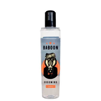 Produto de grooming em frasco transparente de 240ml. A embalagem tem um rótulo com o nome "Baboon" em letras grandes e a ilustração de um babuíno em tons de laranja, preto e bege. O frasco tem uma tampa preta na parte superior.