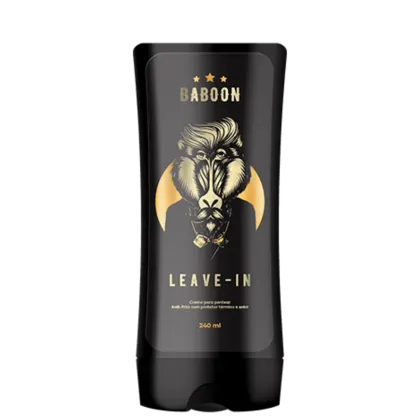 Leave-in, embalagem de frasco preto de 240ml. Apresenta uma ilustração de um babuíno com expressão feroz, com detalhes em tons de cinza, branco e amarelo. O rótulo exibe o nome do produto "Baboon Leave-in" em letras grandes.