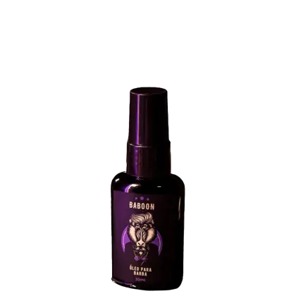 Óleo para barba em frasco roxo escuro. O frasco tem um formato cilíndrico e uma tampa protetora na parte superior. Na frente há um rótulo com o logotipo que mostra uma ilustração estilizada de um babuíno. Capacidade de 30ml.
