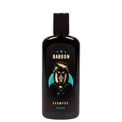 Shampoo em frasco preto de 240ml. Tem formato cilíndrico e tampa preta. Na frente, há um rótulo com o nome "Baboon" em letras douradas, três estrelas azuis e uma ilustração de um babuíno com penteado estilizado em tons de marrom e detalhes em azul claro.