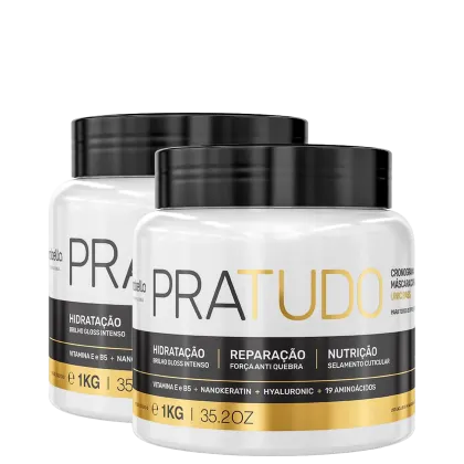 Dois potes máscara capilar. . O texto no rótulo também menciona a presença de vitamina E, B5, nanokeratin e ácido hialurônico na fórmula. Cada pote possui 1 kg de produto.