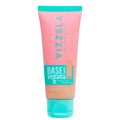 Tubo de base vegana da marca Vizzela, com embalagem rosa e verde, contendo informações sobre ser livre de crueldade e parabenos. O produto é apresentado em um tubo plástico com tampa.
