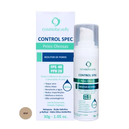 A embalagem é um frasco plástico branco com uma bomba de aplicação. O rótulo do produto exibe informações sobre suas propriedades, como redutor de poros, FPS 40 e PPD 20, além de mencionar que é livre de óleo.