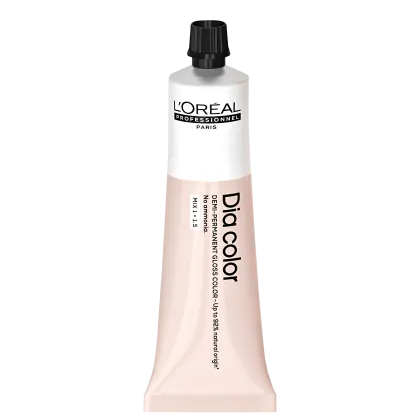 Produto de coloração capilar da linha L'Oréal Professionnel Dia Color. Embalagem em tubo plástico branco com detalhes em preto. Rótulo frontal exibe o logotipo L'Oréal Professionnel e o nome do produto "Dia Color" em letras pretas.