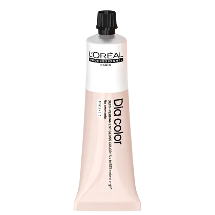 Produto de coloração capilar da linha L'Oréal Professionnel Dia Color. Embalagem em tubo plástico branco com detalhes em preto. Rótulo frontal exibe o logotipo L'Oréal Professionnel e o nome do produto "Dia Color" em letras pretas.