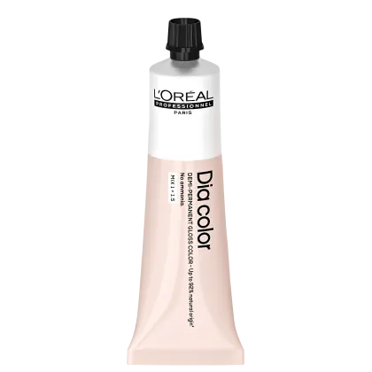 Produto de coloração capilar da linha L'Oréal Professionnel Dia Color. Embalagem em tubo plástico branco com detalhes em preto. Rótulo frontal exibe o logotipo L'Oréal Professionnel e o nome do produto "Dia Color" em letras pretas.