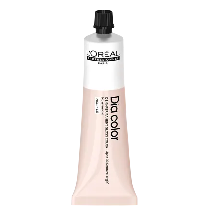 Produto de coloração capilar da linha L'Oréal Professionnel Dia Color. Embalagem em tubo plástico branco com detalhes em preto. Rótulo frontal exibe o logotipo L'Oréal Professionnel e o nome do produto "Dia Color" em letras pretas.
