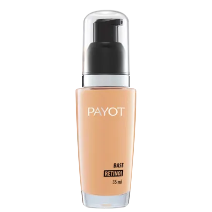 A imagem apresenta frasco de plástico transparente com tampa preta e detalhes prateados. Contém um líquido bege claro. Rótulo na frente indica "BASE RETINOL" e o volume de 35ml.