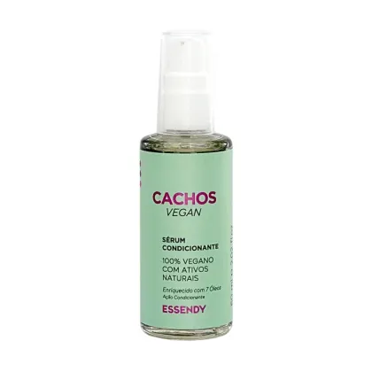 Sérum condicionante. O rótulo exibe o nome da marca "CACHOS VEGAN" em letras grandes, seguido da descrição "Sérum Condicionante" e informações sobre ser 100% vegano e conter ativos naturais. O frasco contém 7 óleos que enriquecem o produto.
