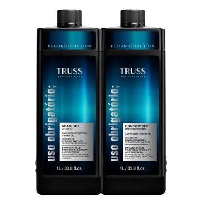 A imagem mostra dois frascos grandes de 1L de shampoo e condicionador TRUSS, frasco preto com azul.