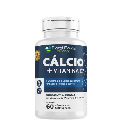 Suplemento alimentar em cápsulas de Vitamina D e Cálcio. Rótulo azul marinho com o logotipo da marca e informações do produto em texto branco. Contém 60 cápsulas de 550mg cada. Indicado que a vitamina D e o cálcio auxiliam na formação de ossos e dentes.