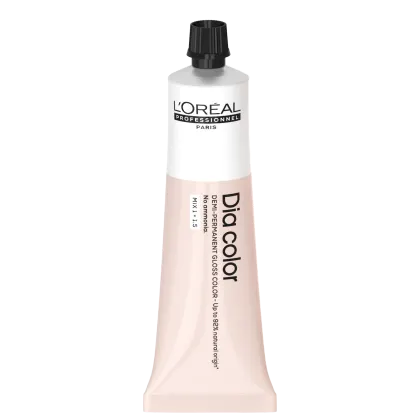 Produto de coloração capilar da linha L'Oréal Professionnel Dia Color. Embalagem em tubo plástico branco com detalhes em preto. Rótulo frontal exibe o logotipo L'Oréal Professionnel e o nome do produto "Dia Color" em letras pretas.
