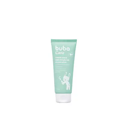Creme para prevenção de assaduras da marca Buba Care. Embalagem de 100g em tubo cor verde menta. Rótulo com o nome "Creme para Prevenção de Assaduras" e detalhes como "Hipoalergênico" e "À base de óxido de zinco". Ilustração de um coelho branco estilizado
