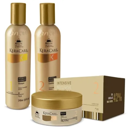 Kit com shampoo, condicionador e máscara KeraCare Intensive Restorative da marca Avlon.