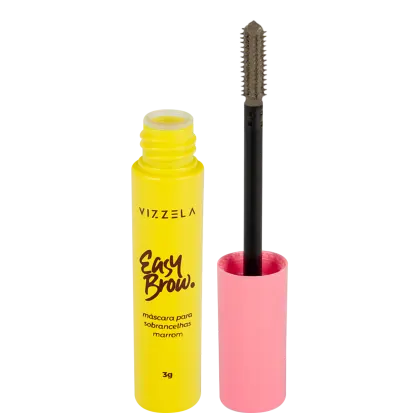 O produto é uma máscara para sobrancelhas da marca Vizzela. Consiste em um frasco cilíndrico amarelo com a inscrição "Easy Brow" e a descrição "máscara para sobrancelhas marrom" em português.