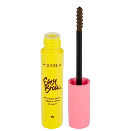 O produto é uma máscara para sobrancelhas da marca Vizzela. Consiste em um frasco cilíndrico amarelo com a inscrição "Easy Brow" e a descrição "máscara para sobrancelhas marrom" em português.
