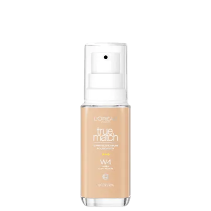Frasco de maquiagem da linha True Match da L'Oréal Paris, com fórmula super-blendável em tom de cor W4 warm light medium. Embalagem de vidro transparente com rótulo branco e detalhes em preto.