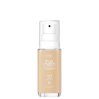 Frasco de maquiagem True Match da L'Oréal Paris, com fórmula super-misturável, na cor W3 Warm Light Medium, com embalagem transparente e rótulo branco.
