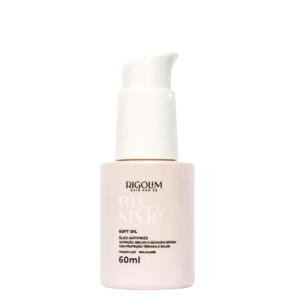 Óleo capilar da linha My Style da marca Rigolim Hair & Co. A embalagem é um frasco com o nome do produto "Soft Oil" e a indicação de que se trata de um "óleo antifrizz" com nutrição, brilho e secagem rápida. O frasco possui 60ml de volume.