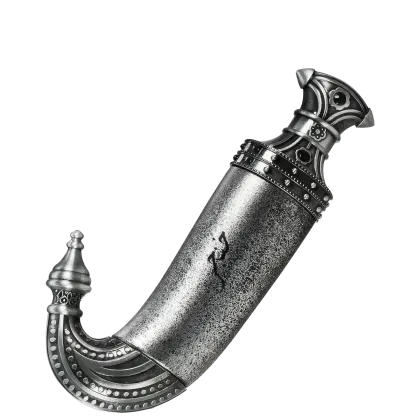 Perfume Lattafa Niche Emarati Khanjar com design ornamentado em prata, com detalhes decorativos e textura granulada. O frasco possui formato curvo e pontudo, com tampa elaborada.