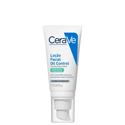 Tubo branco de CeraVe Loção Facial Oil Control, com detalhese textos em azul, preto e verde destacando o controle de oleosidade e o uso de ceramidas essenciais, niacinamida e ácido hialurônico na fórmula.