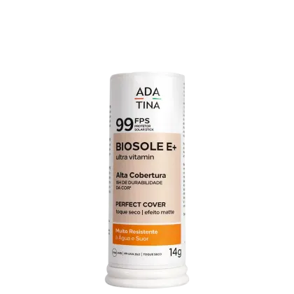 Embalagem branca cilíndrica de protetor solar da marca Ada Tina, com rótulo indicando FPS 99, Biosole E+ ultra vitamin, alta cobertura e resistência à água e suor.