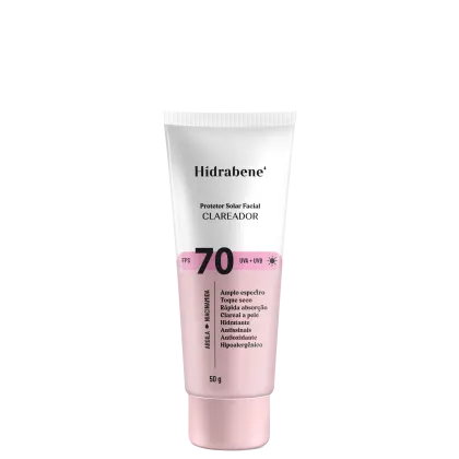 Protetor solar facial Hidrabene, com FPS 70 e proteção UVA + UVB contendo 50g. O rótulo destaca as principais características do produto, como amplo espectro, rápida absorção, hidratante, antisséptico e hipoalergênico.